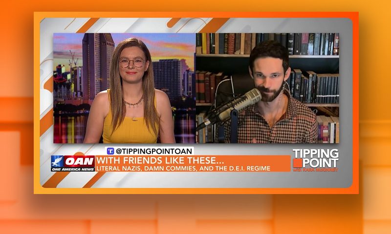 Video still from Tipping Point on One America News Network showing a split screen of the host on the left side, and on the right side is the guest, Spencer Klavan.