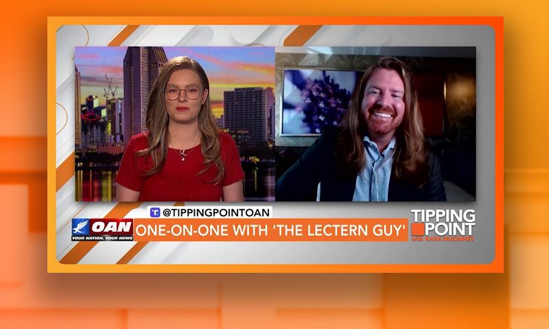 Video still from Tipping Point on One America News Network showing a split screen of the host on the left side, and on the right side is the guest, Adam Johnson.