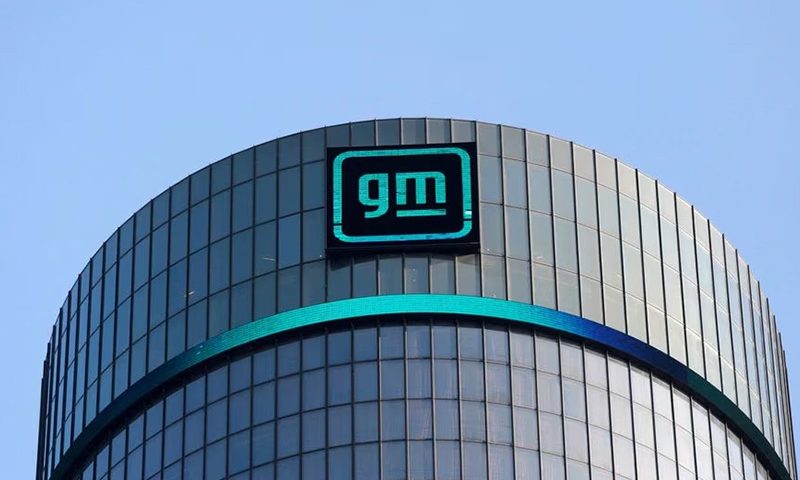 The GM logo is seen on the facade of the General Motors headquarters in Detroit, Michigan, U.S., March 16, 2021. REUTERS/Rebecca Cook