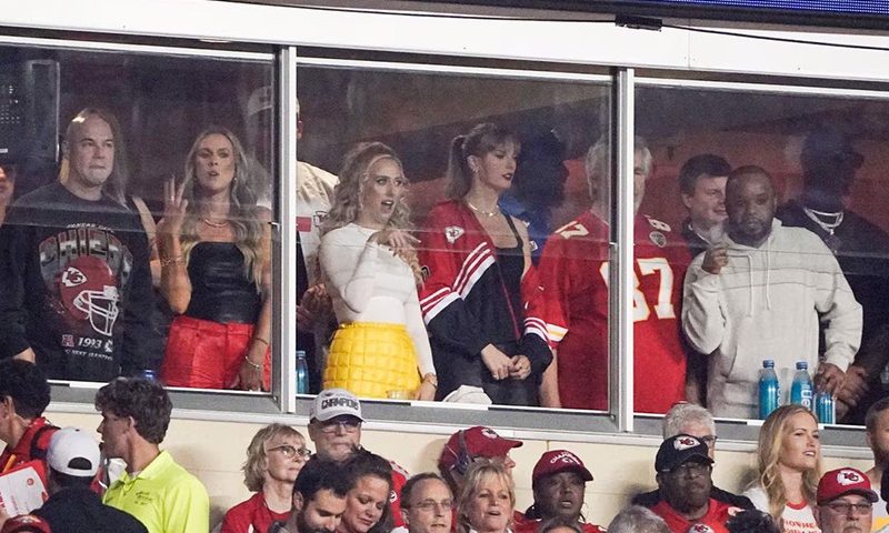 Recording artist Taylor Swift watches the game next to Britney Mahomes against the Denver Broncos during the first half at GEHA Field at Arrowhead Stadium. Mandatory Credit: Denny Medley-USA TODAY Sports