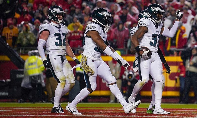 Philadelphia Eagles safety Kevin Byard (31) celebrates after intercepting the ball against the Kansas City Chiefs during the first half at GEHA Field at Arrowhead Stadium. Mandatory Credit: Denny Medley-USA TODAY Sports