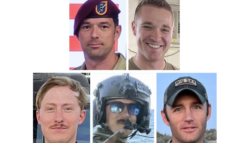 These undated photos provided by U.S. Army Special Operations Command Public Affairs, shows the five Army aviation special operations forces killed when their helicopter crashed in the Eastern Mediterranean over the weekend. From top left to bottom right are, Chief Warrant Officer 3 Stephen R. Dwyer, of Clarksville, Tenn., Sgt. Andrew P. Southard, of Apache Junction, Ariz., Staff Sgt. Tanner W. Grone, of Gorham, N.H., Sgt. Cade M. Wolfe, of Mankato, Minn., and Chief Warrant Officer 2 Shane M. Barnes, of Sacramento, Calif. They were based in Kentucky. (U.S. Army Special Operations Command Public Affairs via AP)