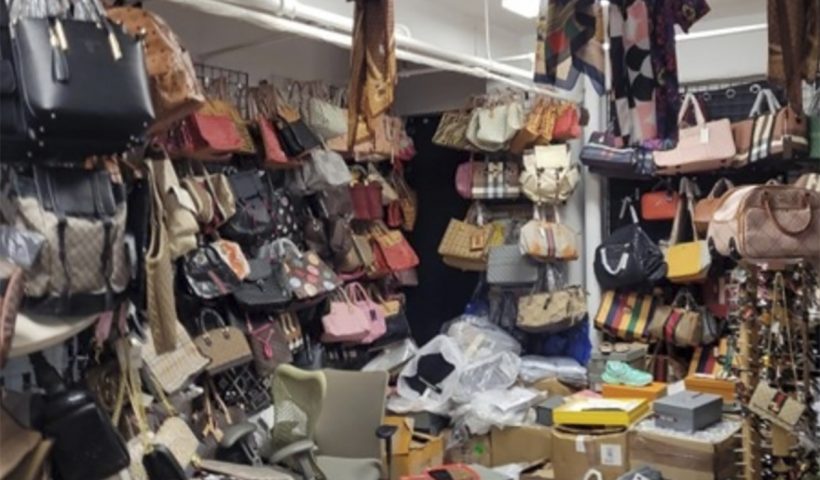 This photo provided by the U.S. Attorney for the Southern District of New York shows counterfeit goods from a storage unit in New York. Two people were charged with trafficking the knock-offs from a New York City storage unit and other locations from January through October, the U.S. Attorney's Office said Wednesday, Nov. 15, 2023.(U.S. Attorney for the Southern District of New York via AP)