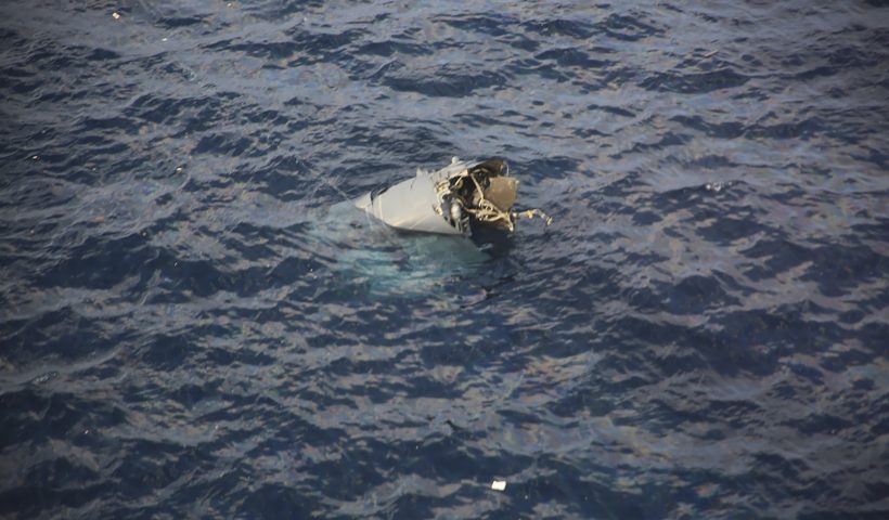 In this photo provided by Japan Coast Guard, debris believed to be from a U.S. military Osprey aircraft is seen off the coast of Yakushima Island in Kagoshima Prefecture in Japan Wednesday, Nov. 29, 2023. A crew member who was recovered from the ocean after a U.S. military Osprey aircraft carrying six people crashed Wednesday off southern Japan has been pronounced dead, coast guard officials said. (Japan Coast Guard via AP)