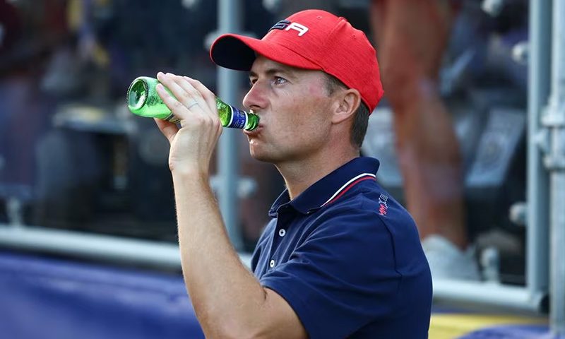 Team USA's Jordan Spieth has a drink after Team Europe win the Ryder Cup REUTERS/Carl Recine/ File photo