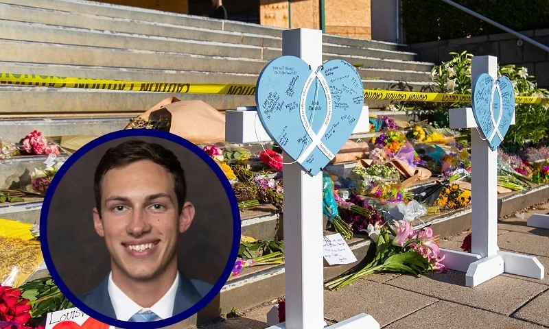 (L) Connor Sturgeon LinkedIn Photo. (R) A makeshift memorial is set up on the steps of the Old National Bank, site of the April 10, 2023, shooting in Louisville, Kentucky, on April 12 2023. - Suspected gunman Connor Sturgeon, a 25-year-old bank employee, opened fire at the bank Monday, killing five people and wounding at least eight others in a livestreamed attack before police shot and killed him. After an initial death toll of four, Louisville authorities announced in the evening that a fifth victim, a 57-year-old woman, had died of her injuries (Photo by LEANDRO LOZADA / AFP) (Photo by LEANDRO LOZADA/AFP /AFP via Getty Images)