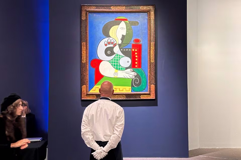 Pablo Picasso's 1932 painting "Femme a la Montre" is displayed at an auction at Sotheby's, in New York City, U.S., November 8, 2023. REUTERS/Ben Kellerman