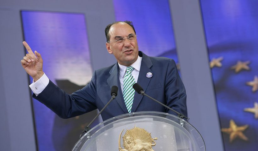 Alejo Vidal Quadras, Vice-President of the European Parliament, gestures as he gives a speech prior to the arrival of Iranian opposition group People's Mujahedeen's leader in exile, Maryam Radjavi (unseen) during a rally organized by the National Council of Resistance of Iran on June 26, 2010 in Taverny, outside Paris. Iranians call for a tougher policy in Iran. AFP PHOTO / ALEXANDER KLEIN (Photo credit should read ALEXANDER KLEIN/AFP via Getty Images)
