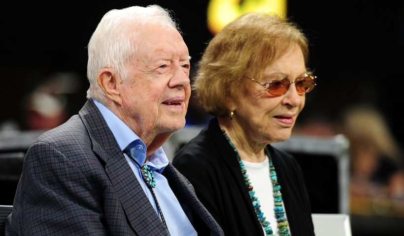 ATLANTA, GA - SEPTEMBER 30: Former president Jimmy Carter and his wife Rosalynn prior to the game between the Atlanta Falcons and the Cincinnati Bengals at Mercedes-Benz Stadium on September 30, 2018 in Atlanta, Georgia. (Photo by Scott Cunningham/Getty Images)