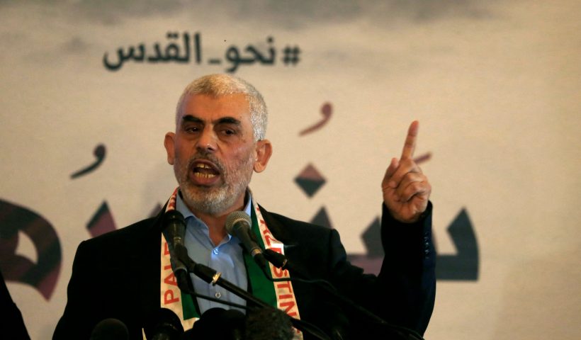 Hamas' leader in the Gaza Strip Yahya Sinwar speaks during a press conference for Quds (Jerusalem) day in Gaza City on 30 May 2019. The "Quds day" (the day of Jerusalem), a commemoration first initiated by Iran in 1979 to fall on the last Friday of the holy month of Ramadan expresses support for displaced Palestinians and against the presence of Jewish settlements in Israeli-occupied territories. (Photo by MOHAMMED ABED / AFP) (Photo by MOHAMMED ABED/AFP via Getty Images)