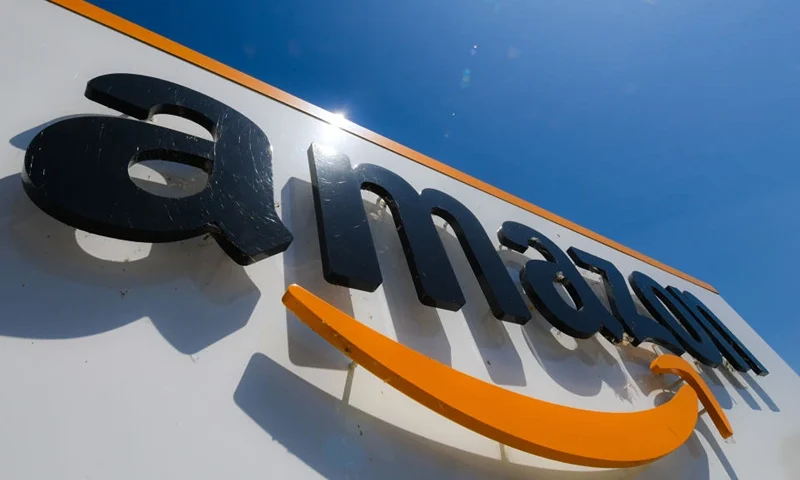 A picture shows the Amazon logo at the entrance of the Amazon logistics centre in Amiens, northern France, on July 23, 2019. (Photo by DENIS CHARLET / AFP) (Photo credit should read DENIS CHARLET/AFP via Getty Images)