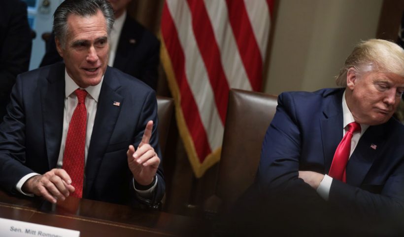 WASHINGTON, DC - NOVEMBER 22: U.S. Sen. Mitt Romney (R-UT) speaks as President Donald Trump listens during a listening session on youth vaping of electronic cigarette on November 22, 2019 in the Cabinet Room of the White House in Washington, DC. President Trump met with business and concern group leaders to discuss on how to regulate vaping products and keep youth away from them. (Photo by Alex Wong/Getty Images)