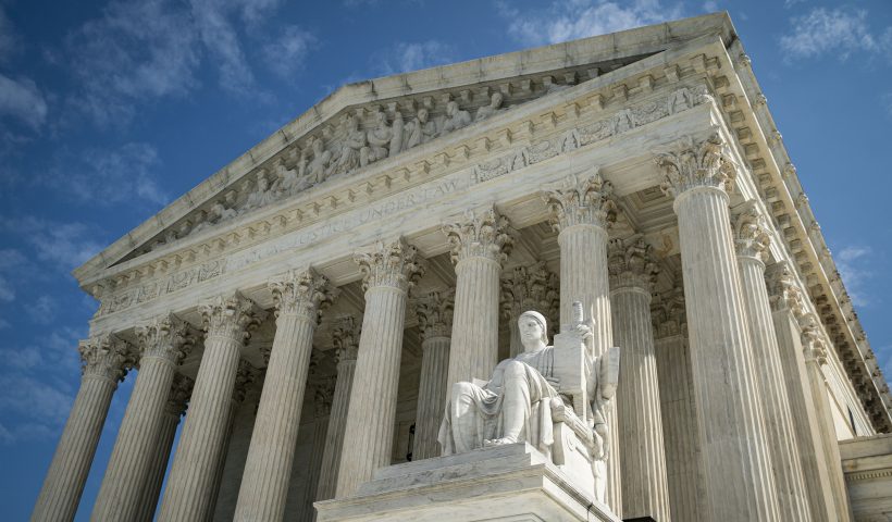 WASHINGTON, DC - SEPTEMBER 28: The Guardian or Authority of Law, created by sculptor James Earle Fraser, rests on the side of the U.S. Supreme Court on September 28, 2020 in Washington, DC. This week Seventh U.S. Circuit Court Judge Amy Coney Barrett, U.S. President Donald Trump's nominee to the Supreme Court, will begin meeting with Senators as she seeks to be confirmed before the presidential election. (Photo by Al Drago/Getty Images)