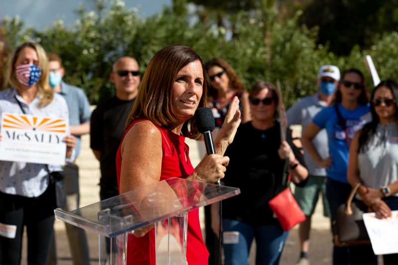 PHOENIX, AZ - NOVEMBER 02: Republican U.S. Senate candidate Sen. Martha McSally (R-AZ) speaks to supporters at the AZGOP Headquarters on November 2, 2020 in Phoenix, Arizona. The McSally for Senate campaign and the Arizona Republican Party announced the #AZFighter Tour across Arizona, as a final push before Election Day. (Photo by Courtney Pedroza/Getty Images)