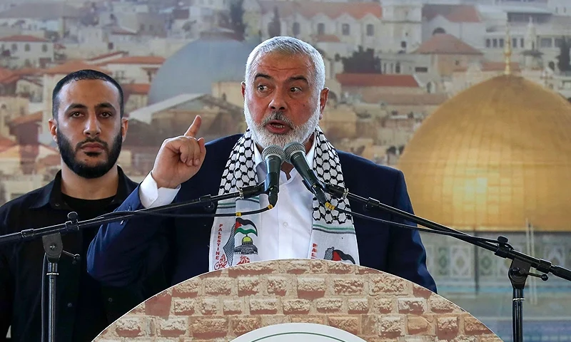 The Palestinian Hamas movement's leader Ismail Haniyeh speaks at a public rally during his visit to the southern Lebanese city of Saida, on June 26, 2022. (Photo by MAHMOUD ZAYYAT / AFP) (Photo by MAHMOUD ZAYYAT/AFP via Getty Images)
