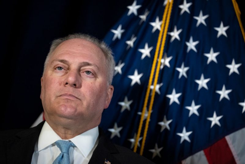WASHINGTON, DC - MAY 10: Rep. Steve Scalise (R-LA) waits to speak during a news conference after a caucus meeting with House Republicans on Capitol Hill May 10, 2023 in Washington, DC. The House Republicans fielded several questions about their colleague Rep. George Santos (R-NY) who was charged by federal prosecutors in a 13-count indictment that includes charges of wire fraud, money laundering, theft of public funds on Wednesday morning. (Photo by Drew Angerer/Getty Images)