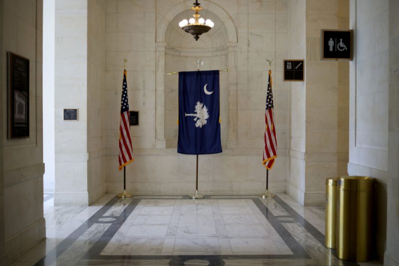 WASHINGTON, DC - AUGUST 02: The South Carolina state flag is seen at the end of the hallway near the office of U.S. Sen. Lindsey Graham (R-SC) in the Russell Senate Office Building on August 02, 2021 in Washington, DC. Graham announced earlier today on his Twitter account that he had tested positive for Covid-19. (Photo by Anna Moneymaker/Getty Images)