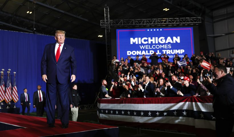 WASHINGTON, MICHIGAN - APRIL 02: Former President Donald Trump arrives at a rally on April 02, 2022 near Washington, Michigan. Trump is in Michigan to promote his America First agenda and voice his support for several Michigan Republican candidates. (Photo by Scott Olson/Getty Images)