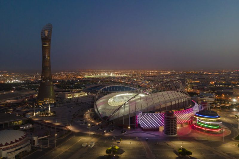 DOHA, QATAR - JUNE 23: (EDITORS NOTE: This photograph was taken using a drone) An aerial view of Khalifa Stadium stadium at sunrise on June 22, 2022 in Doha, Qatar. Khalifa Stadium stadium is a host venue of the FIFA World Cup Qatar 2022 starting in November. (Photo by David Ramos/Getty Images)