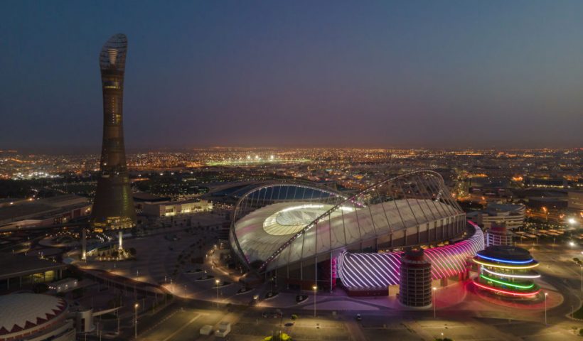 DOHA, QATAR - JUNE 23: (EDITORS NOTE: This photograph was taken using a drone) An aerial view of Khalifa Stadium stadium at sunrise on June 22, 2022 in Doha, Qatar. Khalifa Stadium stadium is a host venue of the FIFA World Cup Qatar 2022 starting in November. (Photo by David Ramos/Getty Images)