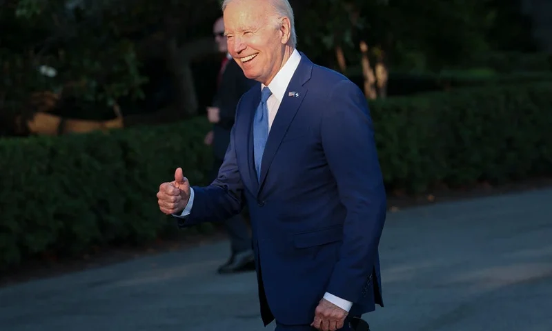 WASHINGTON, DC - JUNE 01: U.S. President Joe Biden jokes with reporters as he returns to the White House June 01, 2023 in Washington, DC. Biden tripped over a sandbag earlier in the day while attending commencement ceremonies at the Air Force Academy. (Photo by Win McNamee/Getty Images)
