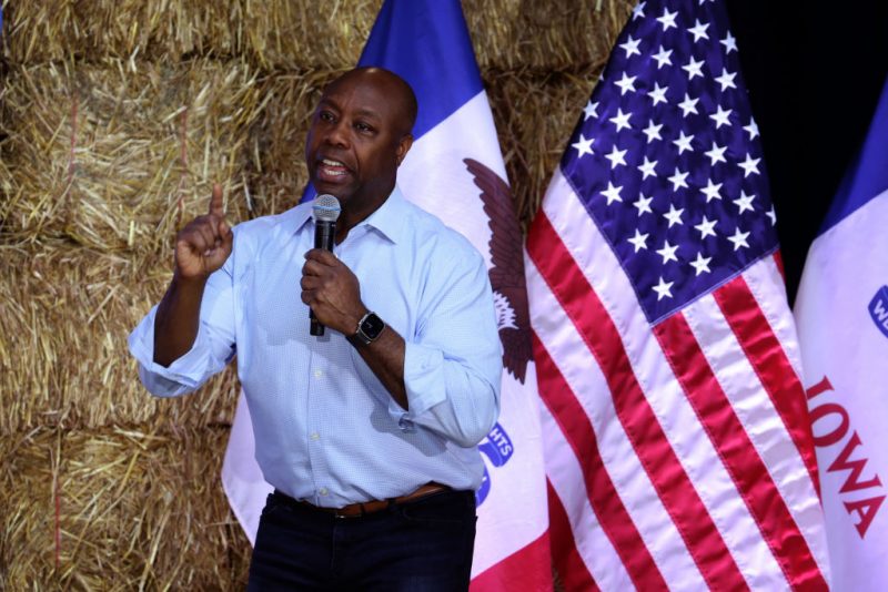 DES MOINES, IOWA - JUNE 03: Republican presidential candidate Senator Tim Scott (R-SC) speaks to guest during the Joni Ernst's Roast and Ride event on June 03, 2023 in Des Moines, Iowa. The annual event helps to raise money for veteran charities and highlight Republican candidates and platforms. (Photo by Scott Olson/Getty Images)