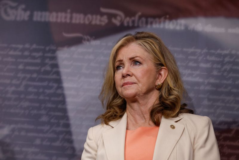 WASHINGTON, DC - JULY 19: Sen. Marsha Blackburn (R-TN) listens at a news conference on the Supreme Court at the U.S. Capitol Building on July 19, 2023 in Washington, DC. Senators with the Senate Judiciary Committee held the press conference to discuss Senate Judiciary Chairman Richard Durbin's (D-IL) upcoming ethics bill for U.S. Supreme Court justices. (Photo by Anna Moneymaker/Getty Images)