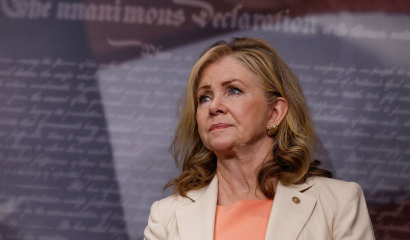 WASHINGTON, DC - JULY 19: Sen. Marsha Blackburn (R-TN) listens at a news conference on the Supreme Court at the U.S. Capitol Building on July 19, 2023 in Washington, DC. Senators with the Senate Judiciary Committee held the press conference to discuss Senate Judiciary Chairman Richard Durbin's (D-IL) upcoming ethics bill for U.S. Supreme Court justices. (Photo by Anna Moneymaker/Getty Images)