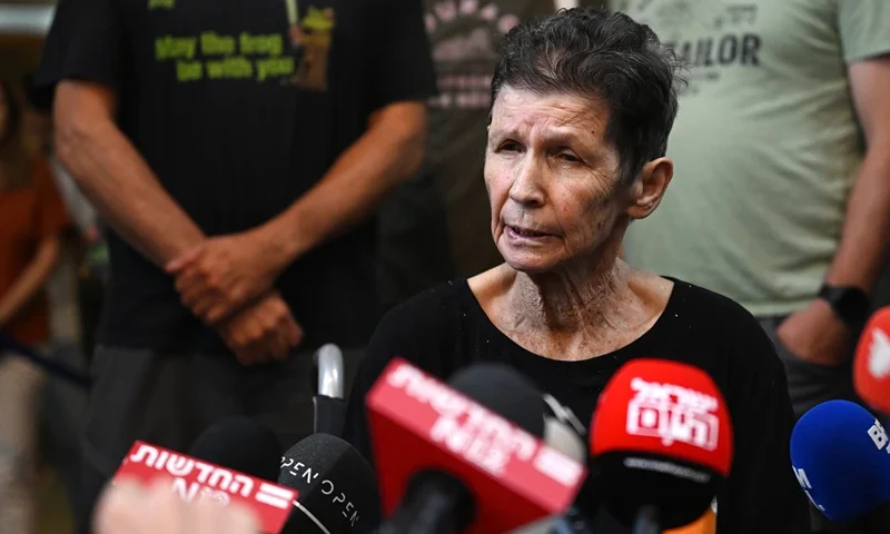 TEL AVIV, ISRAEL - OCTOBER 24: Yocheved Lifshitz speaks to the media outside Ichilov Hospital after she was released by Hamas last night, on October 24, 2023 in Tel Aviv, Israel. Last night, two hostages taken by Hamas on October 7th, Nurit Cooper and Yocheved Lifshitz, were released to the Red Cross within Gaza and returned to Israel. This followed the release of two other hostages, both US nationals, who were released on Saturday. (Photo by Alexi J. Rosenfeld/Getty Images)