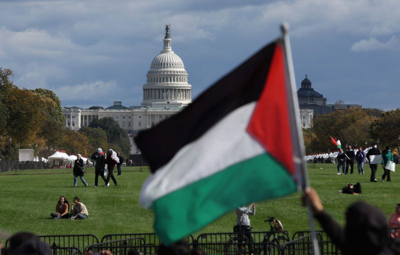 WASHINGTON, DC - OCTOBER 21: A pro-Palestinian protester waves a Palestinian flag on the National Mall during a demonstration calling for a ceasefire in Gaza on October 21, 2023 in Washington, DC. Thousands of pro-Palestinian protesters staged a rally near the Washington Monument to demand a ceasefire in Gaza as the war between Israel continues. Israel has heavily bombed the Gaza Strip and threatened a ground invasion after Hamas, the Palestinian militant group that governs the Gaza Strip, launched a deadly attack in southern Israel on October 7. (Photo by Justin Sullivan/Getty Images)