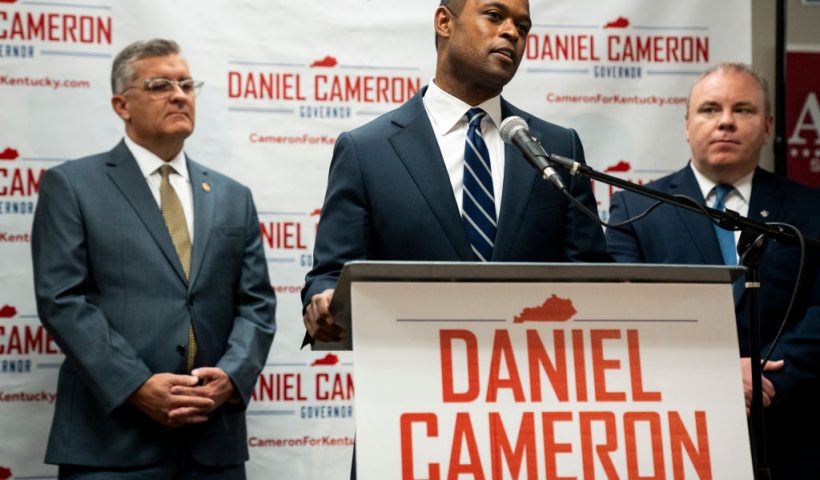 LOUISVILLE, KENTUCKY - NOVEMBER 6: Republican Candidate for Governor, Kentucky Attorney General Daniel Cameron speaks to the press during a campaign event on November 6, 2023 in Louisville, Kentucky. Cameron is in a tight race with incumbent Democratic Governor Andy Beshear. (Photo by Michael Swensen/Getty Images)