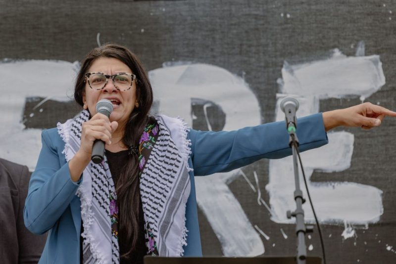 10/20/2023, Washington, DC, United States. Rashida Tlaib, a Democratic representative from Michigan and the sole Palestinian-American member of Congress, addressed a demonstration at the National Mall in Washington, D.C. on Friday, October 20, 2023, to show her support for the Palestinian cause. (Photo by Ali Khaligh / Middle East Images / Middle East Images via AFP) (Photo by ALI KHALIGH/Middle East Images/AFP via Getty Images)