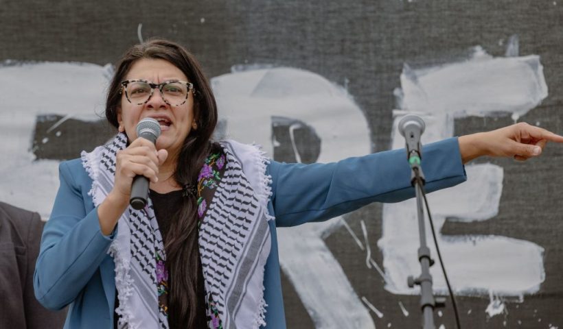 10/20/2023, Washington, DC, United States. Rashida Tlaib, a Democratic representative from Michigan and the sole Palestinian-American member of Congress, addressed a demonstration at the National Mall in Washington, D.C. on Friday, October 20, 2023, to show her support for the Palestinian cause. (Photo by Ali Khaligh / Middle East Images / Middle East Images via AFP) (Photo by ALI KHALIGH/Middle East Images/AFP via Getty Images)