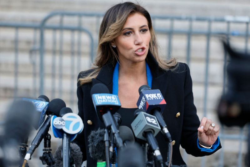 NEW YORK, NEW YORK - NOVEMBER 02: Alina Habba, attorney for former President Donald Trump, gives a statement to members of the media during his civil fraud trial at New York State Supreme Court on November 02, 2023 in New York City. Trump Jr., executive vice president of the Trump Organization, began testifying yesterday concerning allegations that he; his father, the former president; and his brother Eric conspired to inflate Trump Sr.'s net worth on financial statements provided to banks and insurers to secure loans. New York Attorney General Letitia James has sued seeking $250 million in damages. (Photo by Michael M. Santiago/Getty Images)