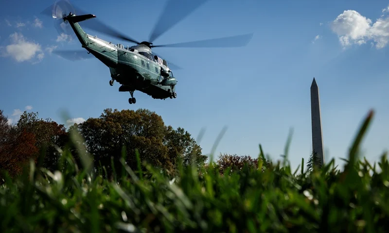 President And Mrs Biden Depart The White House For Delaware WASHINGTON, DC - NOVEMBER 11: Marine One with U.S. President Joe Biden and First Lady Jill Biden onboard takes off from the South Lawn of the White House in Marine One on November 11, 2023 in Washington, DC. The President and First Lady are going to their home in Wilmington, Delaware, where they will be spending the rest of the weekend. (Photo by Samuel Corum/Getty Images)