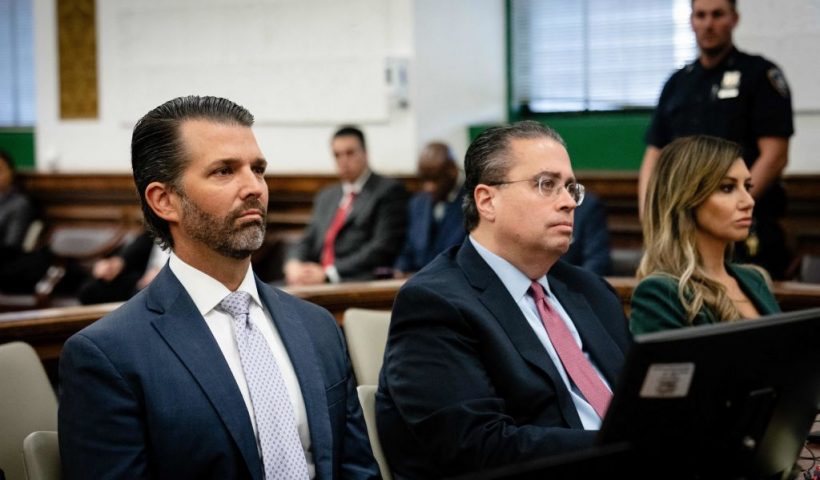 Donald Trump Jr. sits in the courtroom before testifying during the Trump Organization civil fraud trial at the New York State Supreme Court in New York City on November 13, 2023. (Photo by Erin Schaff / POOL / AFP) (Photo by ERIN SCHAFF/POOL/AFP via Getty Images)