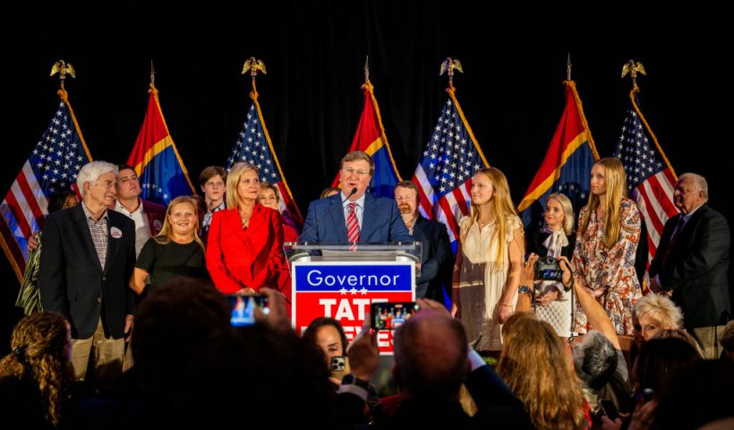 FLOWOOD, MISSISSIPPI - NOVEMBER 07: Mississippi incumbent Republican Gov. Tate Reeves and his family speak to supporters during an election night watch party at The Refuge Hotel & Conference Center on November 07, 2023 in Flowood, Mississippi. Gov. Reeves won reelection against Democratic challenger Brandon Presley, a second cousin of Elvis Presley. (Photo by Brandon Bell/Getty Images)