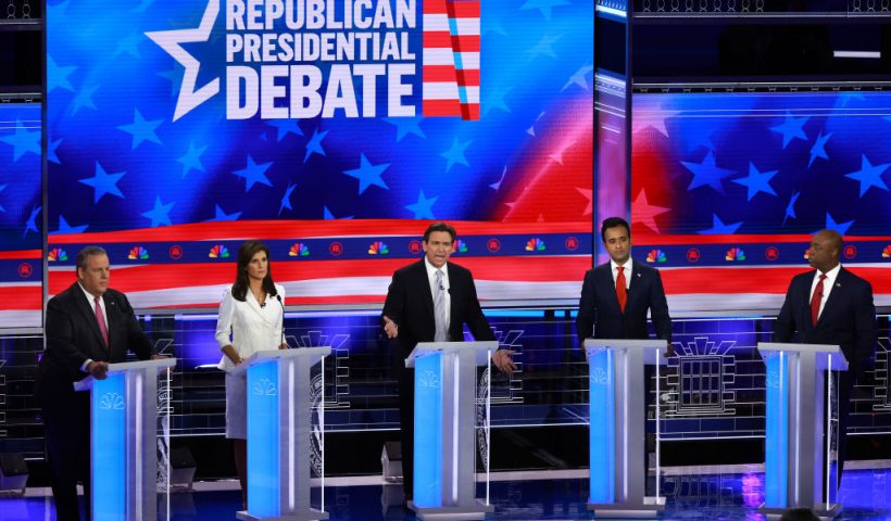MIAMI, FLORIDA - NOVEMBER 08: Republican presidential candidates (L-R) former New Jersey Gov. Chris Christie, former U.N. Ambassador Nikki Haley, Florida Gov. Ron DeSantis, Vivek Ramaswamy and U.S. Sen. Tim Scott (R-SC) participate in the NBC News Republican Presidential Primary Debate at the Adrienne Arsht Center for the Performing Arts of Miami-Dade County on November 8, 2023 in Miami, Florida. Five presidential hopefuls squared off in the third Republican primary debate as former U.S. President Donald Trump, currently facing indictments in four locations, declined again to participate. (Photo by Joe Raedle/Getty Images)