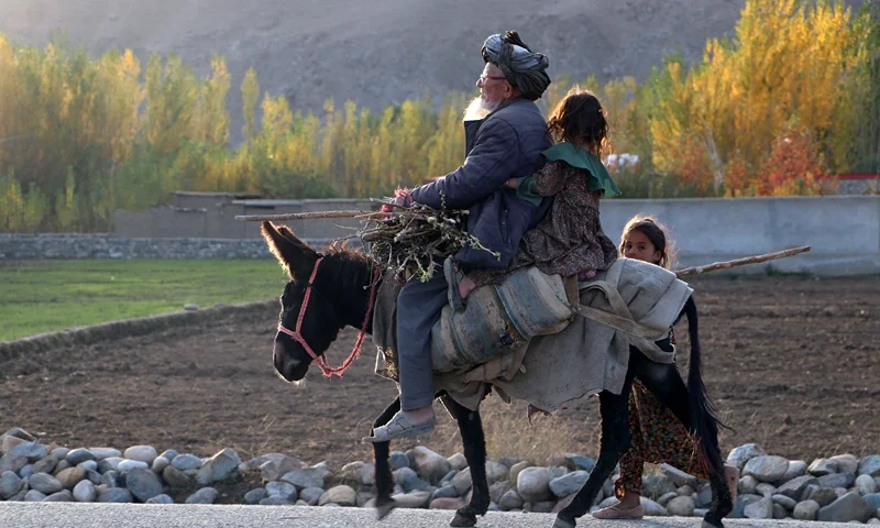 An Afghan man with a child ride a donkey along a road in Fayzabad district of Badakhshan province on November 15, 2023. (Photo by OMER ABRAR / AFP) (Photo by OMER ABRAR/AFP via Getty Images)