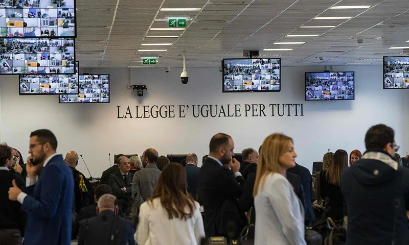 Lawyers wait for the reading of the verdict during the maxi mafia "Rinascita Scott" (Scott Rebirth) trial, in Lamezia Terme on november 20, 2023. Hundreds of alleged mobsters will be sentenced on November 20, 2023 by the Italian court, the culmination of a historic, nearly three-year trial against Calabria's notorious "Ndrangheta" mafia. (Photo by Gianluca CHININEA / AFP) (Photo by GIANLUCA CHININEA/AFP via Getty Images)