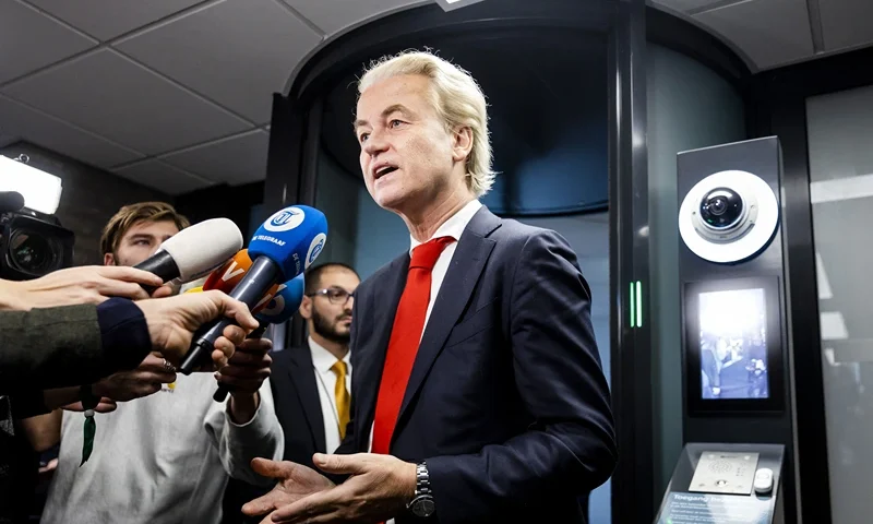Leader of the Party for Freedom (PVV) Geert Wilders speaks to the press after a meeting with Speaker of the House at the House of Representatives in The Hague, on November 24, 2023. After his shock election win, far-right Dutch firebrand Geert Wilders on Friday kicked off the formal process of building a government coalition, battling to convince reluctant rivals to serve under him as premier. (Photo by Sem van der Wal / ANP / AFP) / Netherlands OUT (Photo by SEM VAN DER WAL/ANP/AFP via Getty Images)
