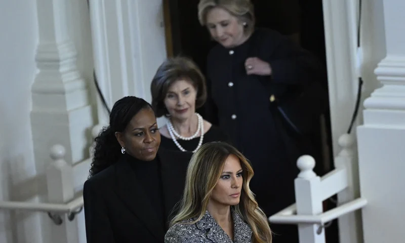 TOPSHOT - Former US Secretary of State Hillary Clinton, former US First Lady Laura Bush, former US First Lady Michelle Obama, and former US First Lady Melania Trump arrive for a tribute service for former US First Lady Rosalynn Carter, at Glenn Memorial Church in Atlanta, Georgia, on November 28, 2023. Carter died on November 19, aged 96, just two days after joining her husband in hospice care at their house in Plains. (Photo by ANDREW CABALLERO-REYNOLDS / AFP) (Photo by ANDREW CABALLERO-REYNOLDS/AFP via Getty Images)