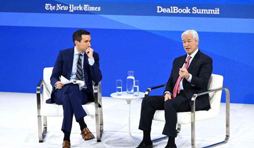 NEW YORK, NEW YORK - NOVEMBER 29: (L-R) Andrew Ross Sorkin and Jamie Dimon speak onstage during The New York Times Dealbook Summit 2023 at Jazz at Lincoln Center on November 29, 2023 in New York City. (Photo by Slaven Vlasic/Getty Images for The New York Times)