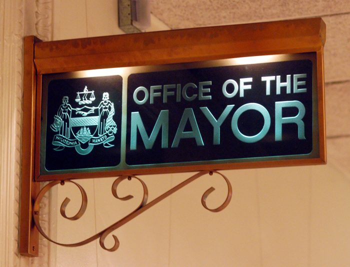 PHILADELPHIA - OCTOBER 9: The Philadelphia mayor's office sign is shown at City Hall October 9, 2003 in Philadelphia, Pennsylvania. An electronic listening device was found in Mayor John F. Street's office during a recent security sweep. Reports say that sources in the FBI acknowledge that the agency is responisible. The mayor, who is in a tough campaign for reelection in four weeks, denied he is the target of a federal investigation. (Photo by William Thomas Cain/Getty Images)