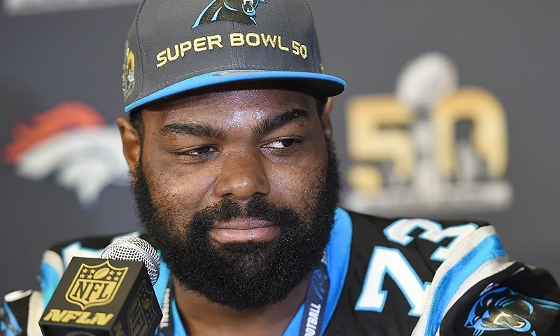 SAN JOSE, CA - FEBRUARY 02: Tackle Michael Oher #73 of the Carolina Panther addresses the media prior to Super Bowl 50 at the San Jose Convention Center/ San Jose Marriott on February 2, 2016 in San Jose, California. (Photo by Thearon W. Henderson/Getty Images)