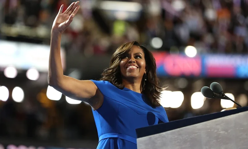 PHILADELPHIA, PA - JULY 25: First lady Michelle Obama acknowledges the crowd after delivering remarks on the first day of the Democratic National Convention at the Wells Fargo Center, July 25, 2016 in Philadelphia, Pennsylvania. An estimated 50,000 people are expected in Philadelphia, including hundreds of protesters and members of the media. The four-day Democratic National Convention kicked off July 25. (Photo by Joe Raedle/Getty Images)