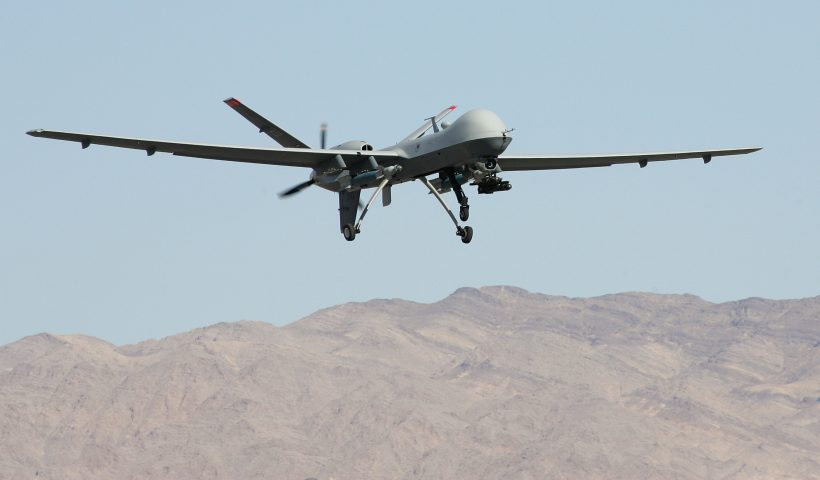 CREECH AIR FORCE BASE, NV - AUGUST 08: An MQ-9 Reaper takes off August 8, 2007 at Creech Air Force Base in Indian Springs, Nevada. The Reaper is the Air Force's first "hunter-killer" unmanned aerial vehicle (UAV), designed to engage time-sensitive targets on the battlefield as well as provide intelligence and surveillance. The jet-fighter sized Reapers are 36 feet long with 66-foot wingspans and can fly for up to 14 hours fully loaded with laser-guided bombs and air-to-ground missiles. They can fly twice as fast and high as the smaller MQ-1 Predators, reaching speeds of 300 mph at an altitude of up to 50,000 feet. The aircraft are flown by a pilot and a sensor operator from ground control stations. The Reapers are expected to be used in combat operations by the U.S. military in Afghanistan and Iraq within the next year. (Photo by Ethan Miller/Getty Images)