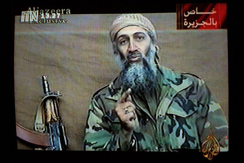 399035 01: A videotape released by Al-Jazeera TV featuring Osama Bin Laden is broadcast in Britain December 27, 2001. The tape, estimated to have been recorded two weeks earlier, shows Bin Laden describing the World Trade Center attack as 