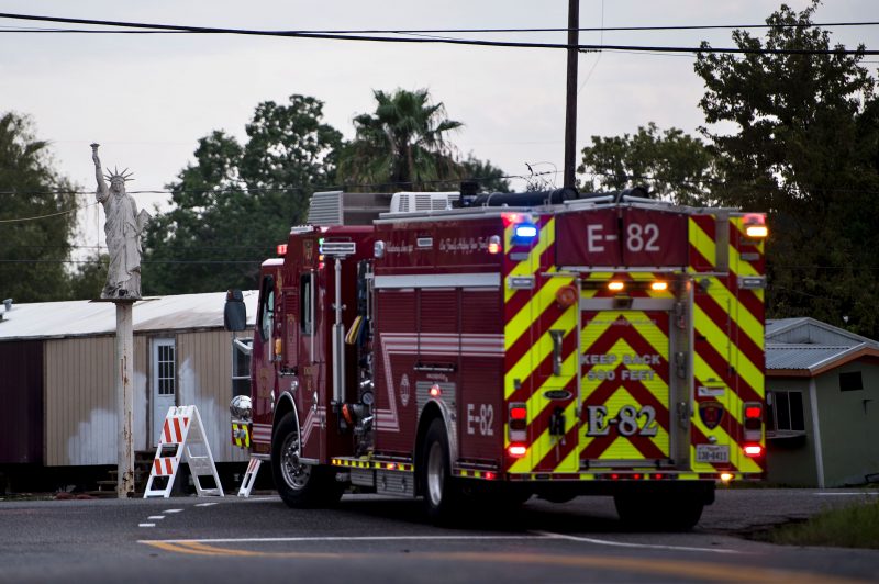 A firetruck waits at a roadblock after a chemical plant operated by the Arkema Group had an explosion during the aftermath of Hurricane Harvey on August 31, 2017 in Crosby, Texas.
Local emergency officials reported two explosions Thursday at a flooded chemical plant in the Texas town of Crosby, its operators Arkema Inc said. 