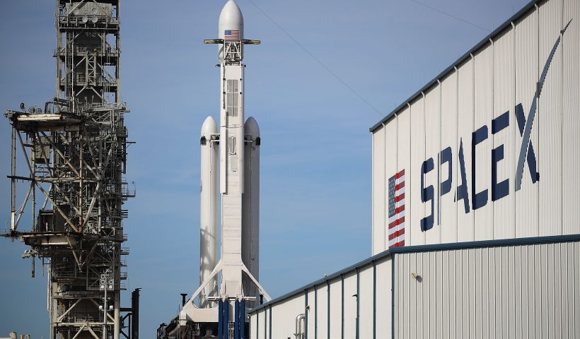 CAPE CANAVERAL, FL - FEBRUARY 05: The SpaceX Falcon Heavy rocket sits on launch pad 39A at Kennedy Space Center as it is prepared for tomorrow's lift-off on February 5, 2018 in Cape Canaveral, Florida. The rocket, which is the most powerful rocket in the world, is scheduled to make its maiden flight between 1:30 and 4:30 p.m. tomorrow. (Photo by Joe Raedle/Getty Images)